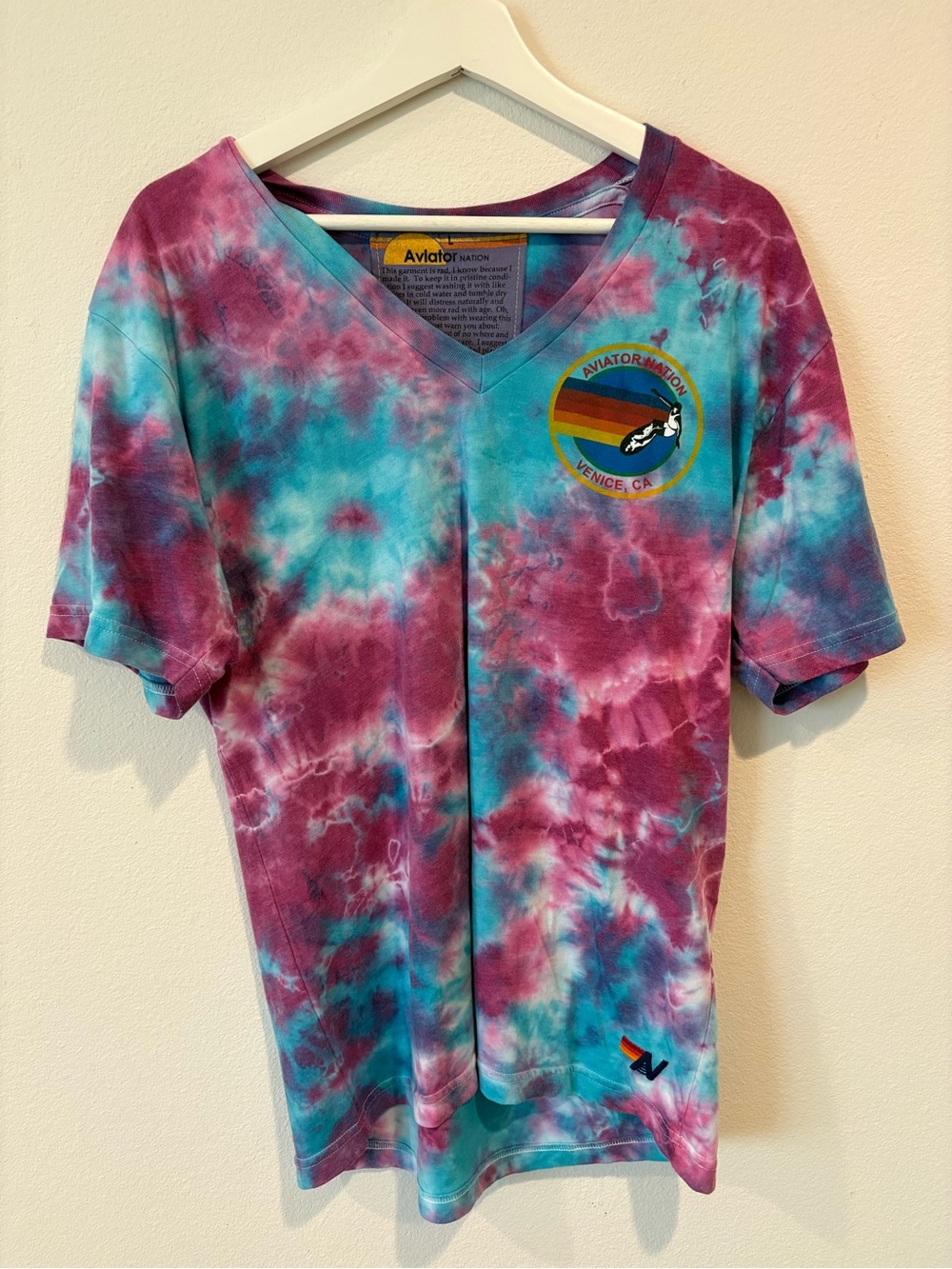 Aviator Nation Teal & Magenta Tie-Dye V-Neck Tee